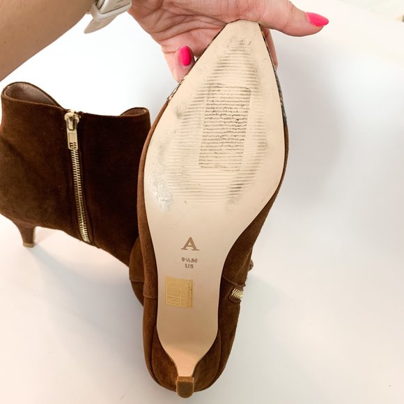 Anthropologie brown cognac pointy toe kitten heel snakeprint suede bootie 9.5 - Picture 5 of 8